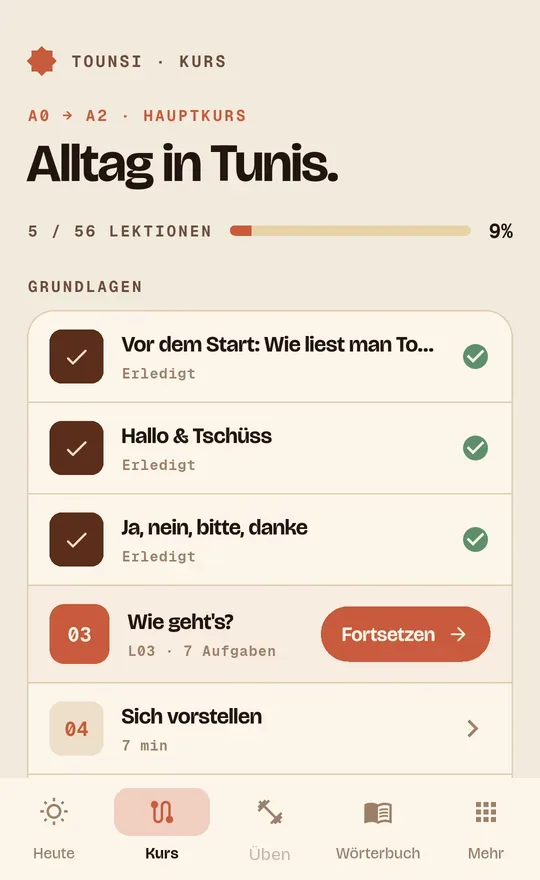 Tounsi-App: Kursübersicht mit dem Kapitel „Alltag in Tunis“ und den Lektionen des Lernpfads.