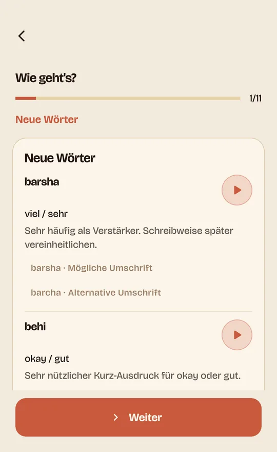 Tounsi-App: Lektionsschritt „Neue Wörter“ mit den Einträgen „barsha“ und „behi“, jeweils mit Audio-Knopf.