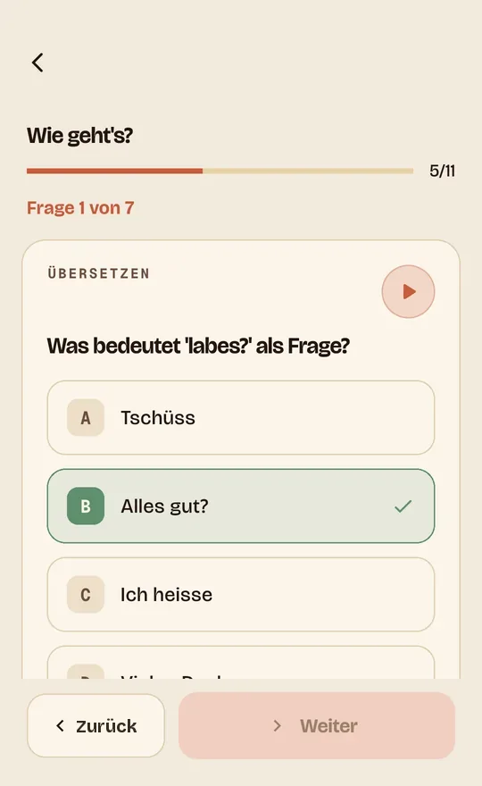 Tounsi-App: Übung im Multiple-Choice-Format mit vier Antwortmöglichkeiten.