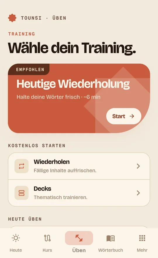Übungsbereich der Tounsi App zum Wiederholen von Wortschatz