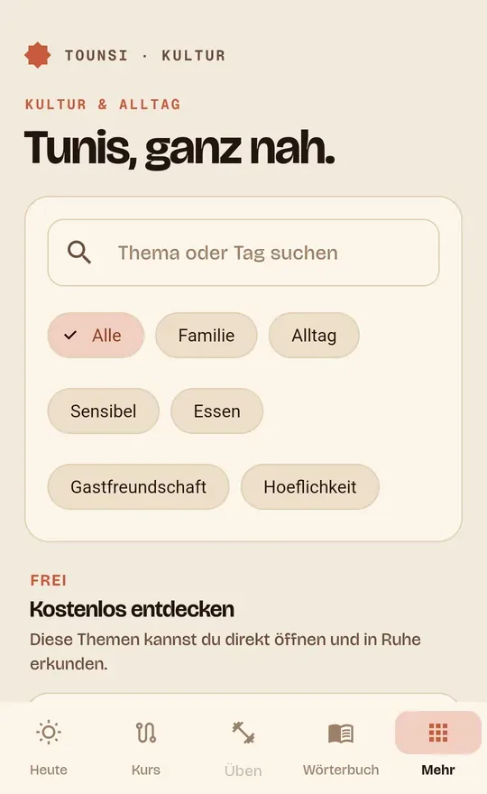 Kultur- und Alltagskarten in der Tounsi App